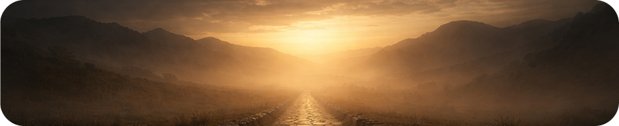 Aparece un camino entre montañas hacia un atardecer en el horizonte